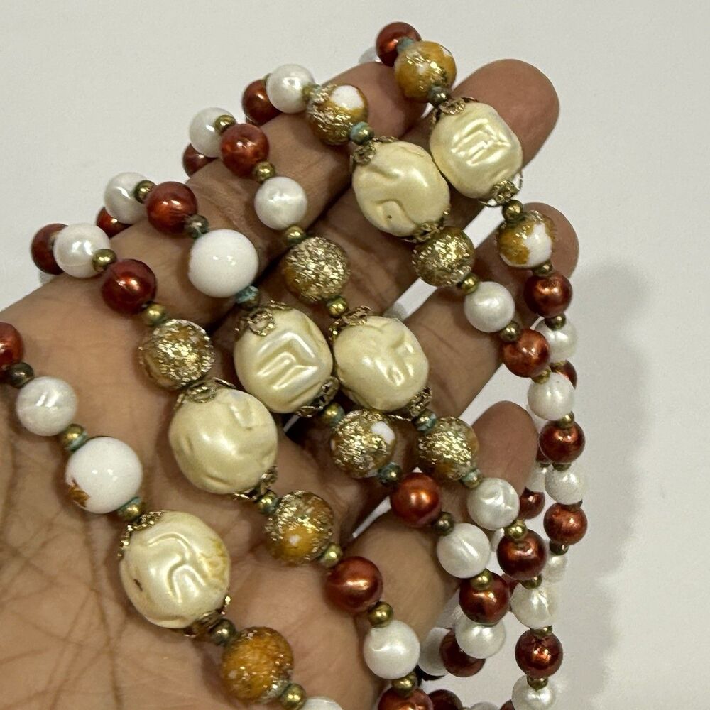 Vintage CORO Signed Faux Pearl Beaded Long Layering Necklace Cream Brown Gold - Picture 10 of 16
